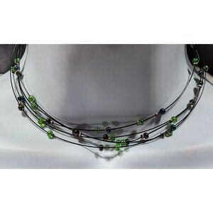 Casual Green And Brown Layered Floating Glass Bead Necklace